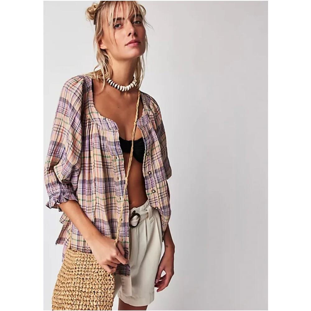 Free People Lucy Plaid Swing Shirt Size Medium - NEW